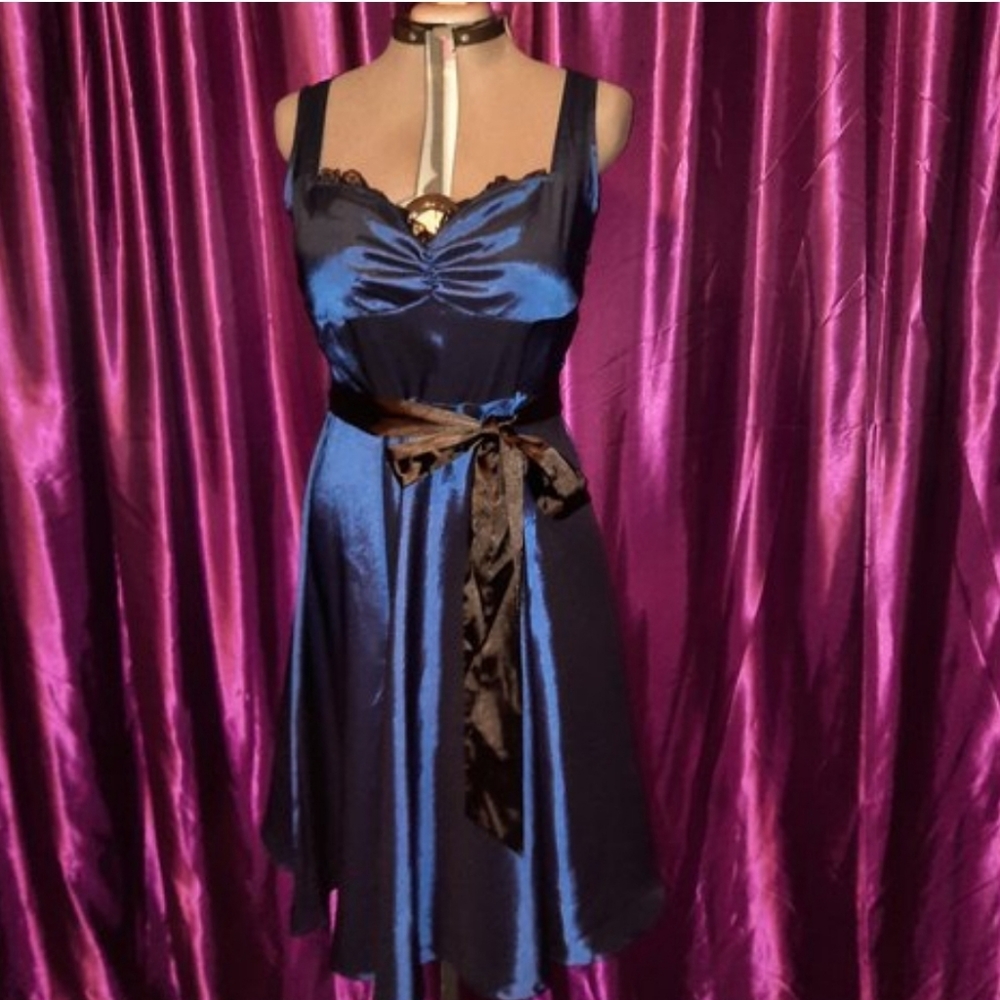 Beautiful blue and black retro vintage pinup satiny plus size fit & flare dress!